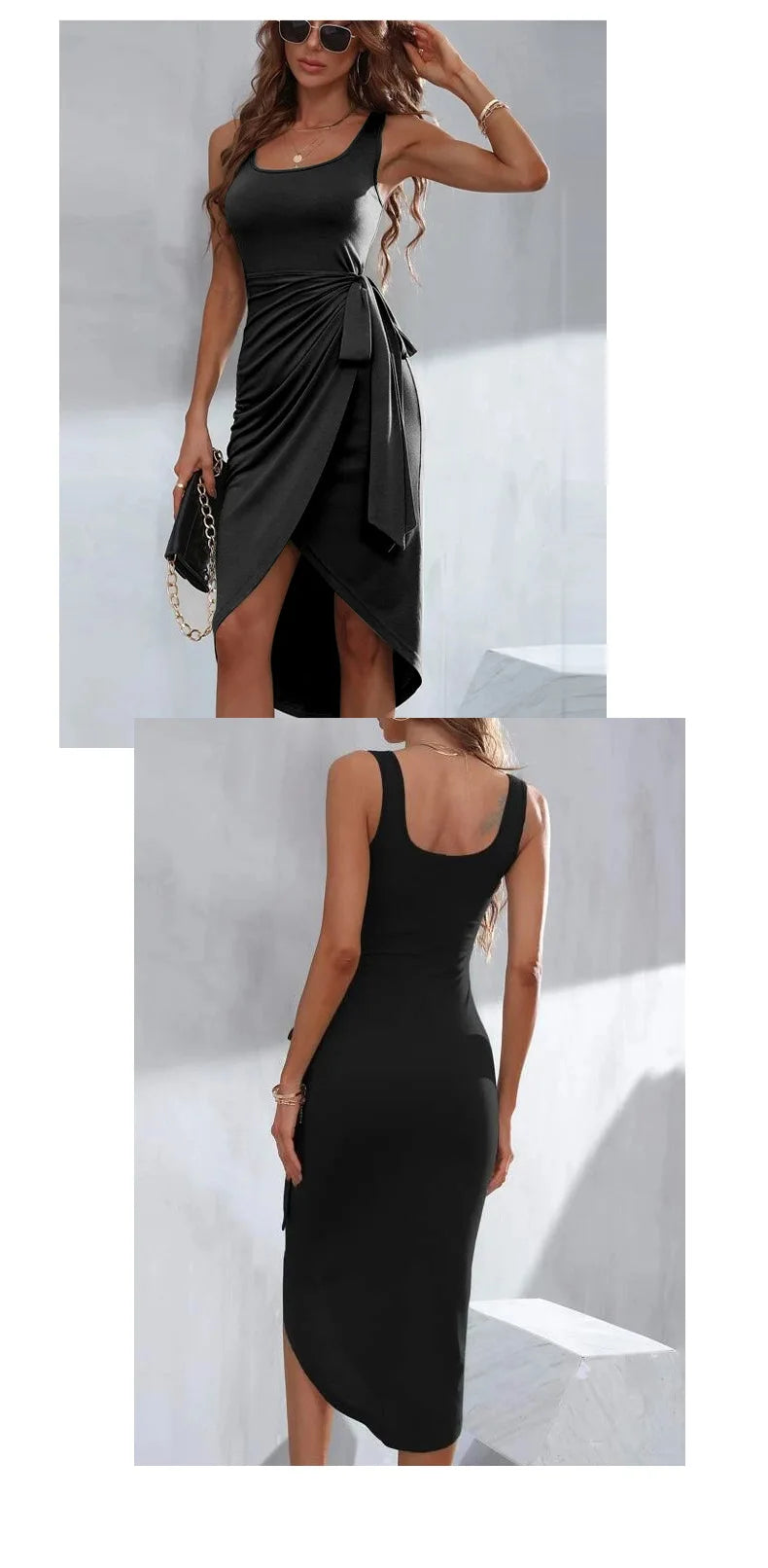 Elegant Office Lady Sundress for Women Black Lace Up Dress Spring Summer Irregular Strap Vest Dress Split Square Collar Outfit - Golden Bridge Store