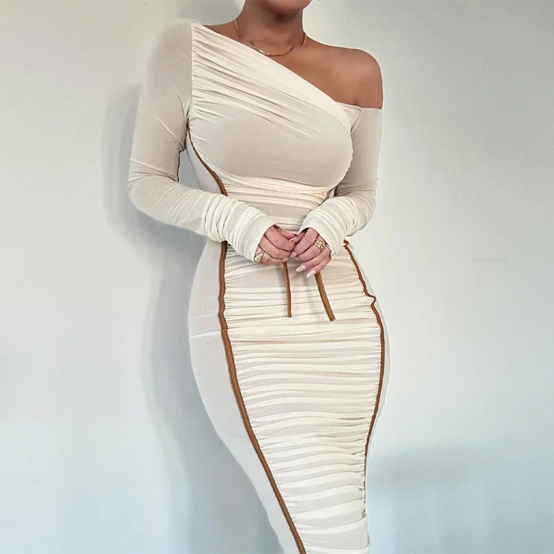 Elegant Women Dresses Diagonal Collar Long Sleeve Two Layer Mesh Backless Pleated Bodycon Sexy Club Party Evening Dress
