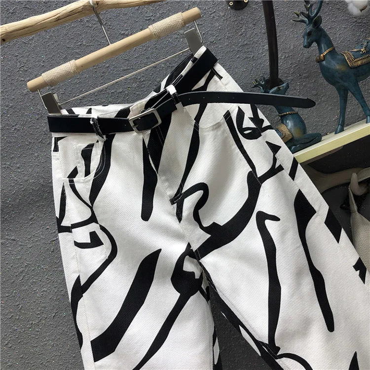 Blugi pentru femei 2025 - Stil streetwear la modă, imprimeu graffiti, talie înaltă, spălat, larg, drept