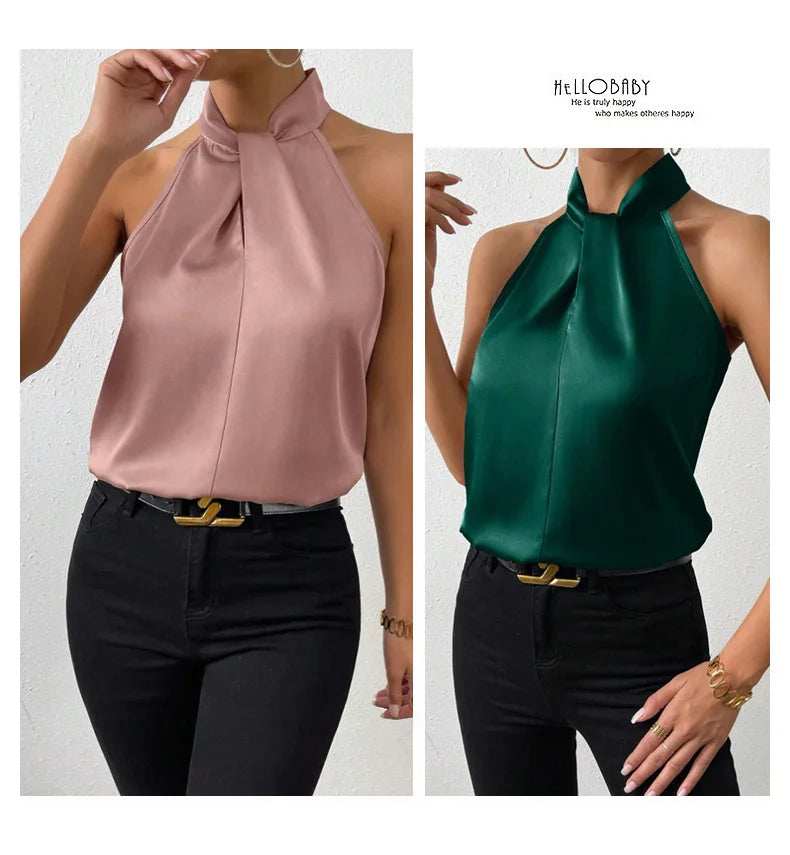 Topuri pentru femei 2025 vară nouă haine europene și americane satin halter vestă fără mâneci elegantă naveta satin simulat mătase top