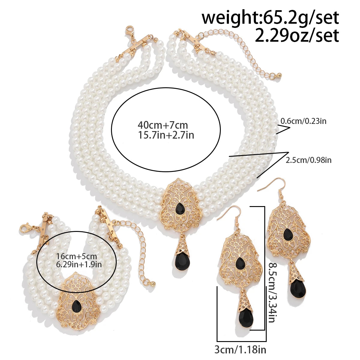 KunJoe Luxus Mehrschichtig Imitation Perlen Halskette Armband Ohrringe Frauen Wassertropfen Grün Strass Choker Hochzeit Schmuck Set