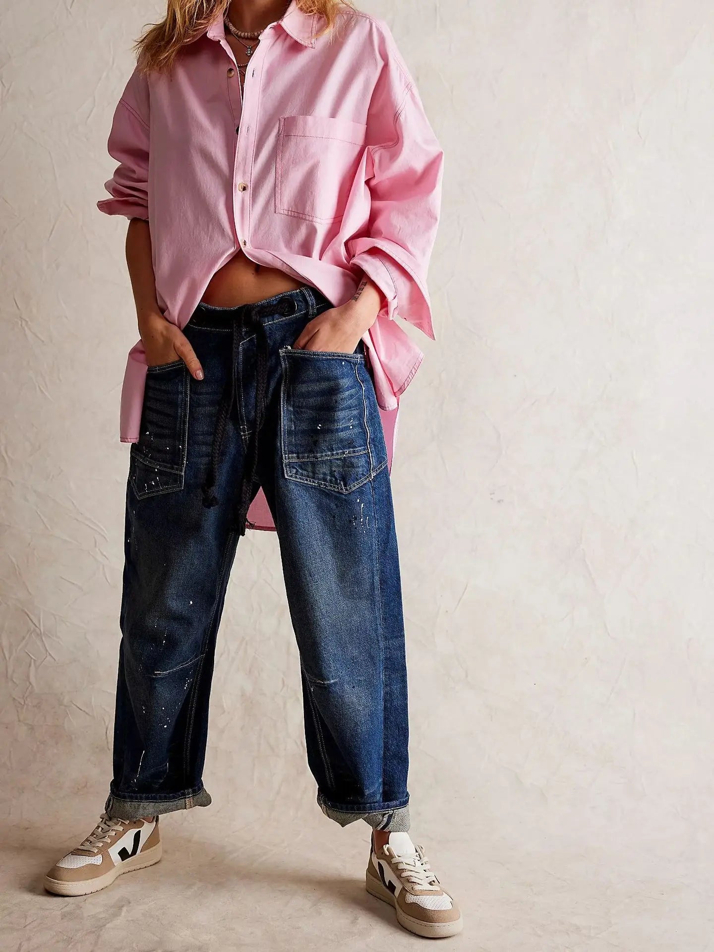 Jeans Women Denim Pants Straight Trousers Drawstring Long Pant Casual Loose Y2k Streetwear Button Pocket Splice Mom Jeans 2025