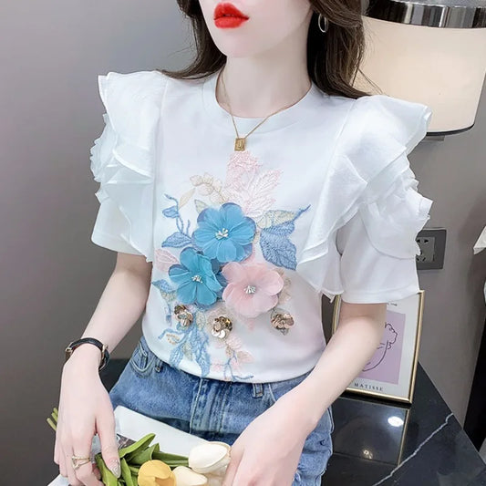 Ruffled White T-shirt Women's Short-Sleeved Floral Tshirt 2023 Summer New High-End Heavy Embroidery Flower Chic Top Tees