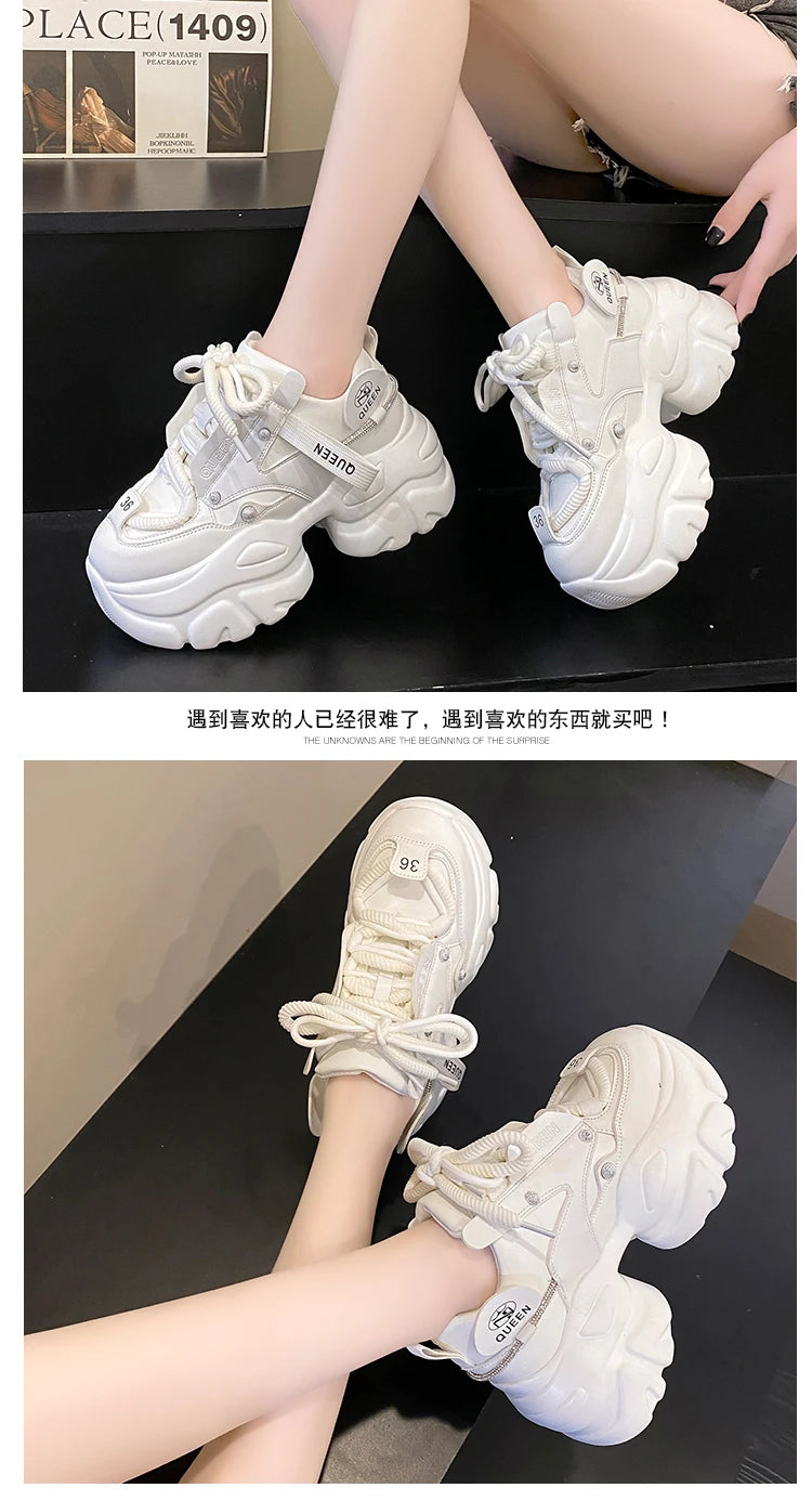 White Chunky Sneakers Women New Autumn Hidden Heel Platform Sports Dad Shoes Woman Lace Up Breathable Mesh Casual Shoes 9.5CM