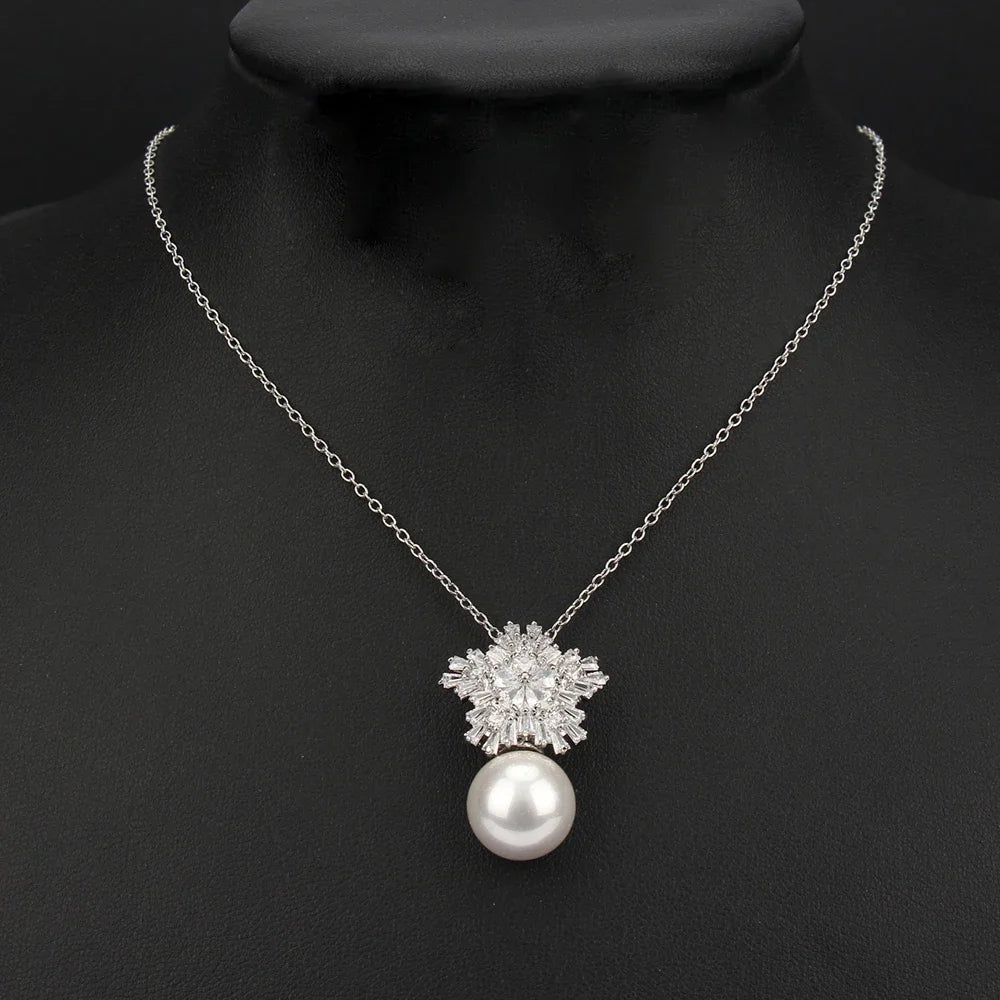 Luxus Silberfarbe AAA+ Cubic Zirkonia - Damen Große Perlen Halskette Anhänger und Ohrringe - Schmuck Sets Geschenk