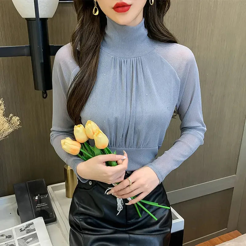 Tops Woman Autumn Winter Red Long Sleeve T Shirt for Women Rhinestone Turtleneck Glitter Sequin Cheap Clothes Elegant Clearance