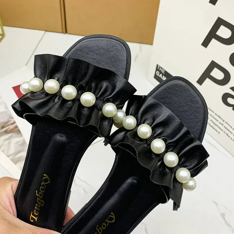 Women Slides Faux Pearl Decor Ruffle Trim Sandals Open Toe Wear-resistant Flat Slippers Summer Sandy Beach Sandals Women Shoes