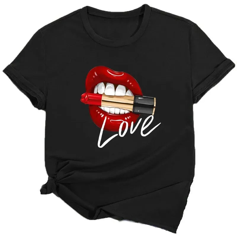 Women Tops O-neck elegant Black Tees Kiss Lip Funny Summer Female Soft T Shirt Lips Watercolor Graphic T Shirt Top9180