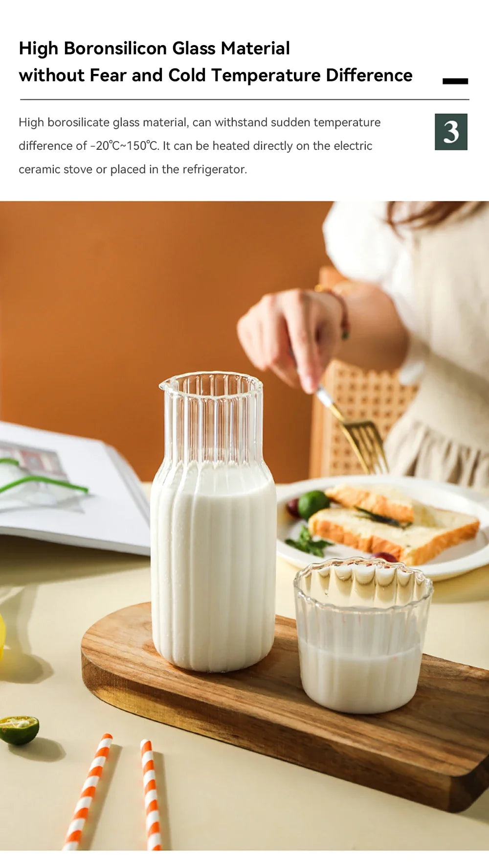Glass Water Bottle with Glass Cup Set Drinkware Bedside Carafe with Tumbler Glasses Drinking Pitcher for Milk Beverage Tea