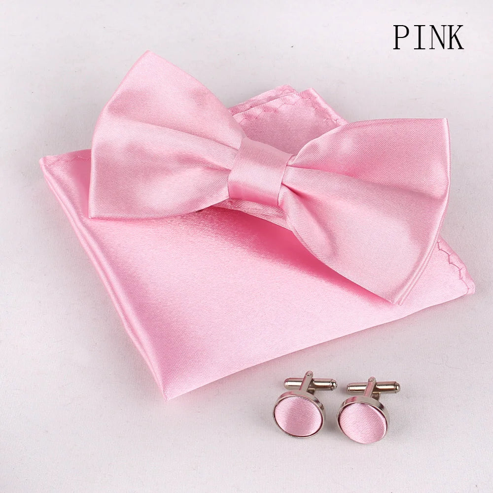 Solid Colors Polyester Adjustable Men's Accessory Set Elegant Pre-Tied Bow Tie Matching Pocket Square & Cufflinks for Wedding