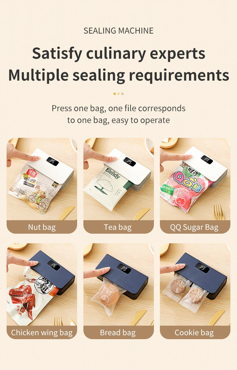 Mini Heat Bag Sealing USB Plastic Bags Sealer Machine 2 in 1 Handheld Food Package Bags Sealer With 6 Gear LED Display