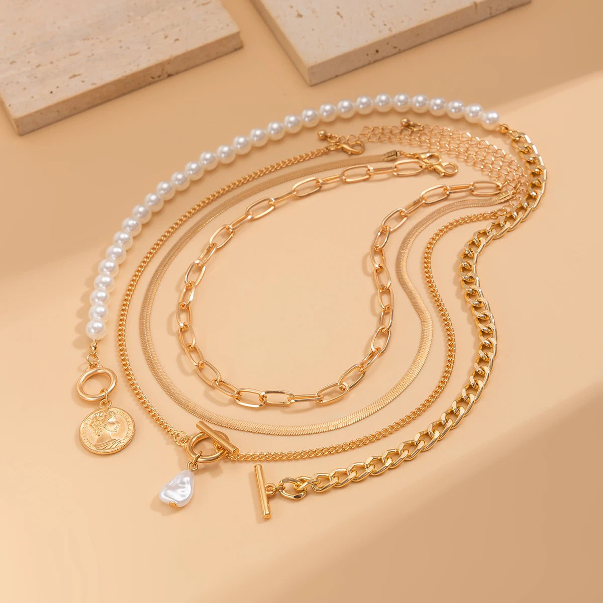 IngeSight.Z Fashion Exquisite Baroque Imitation Pearl Pendant Women's Necklace Multilayer Link Flat Snake Chain Choker Jewelry