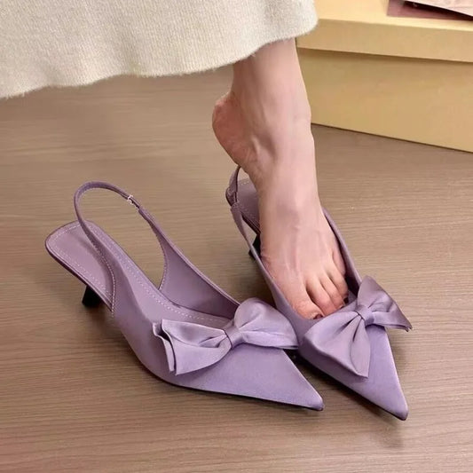 Elegant High Heels Women's Shoes Summer Black Shallow Mouth Pointed Toe Bow Slingbacks Luxury Party Office Lady Sandals