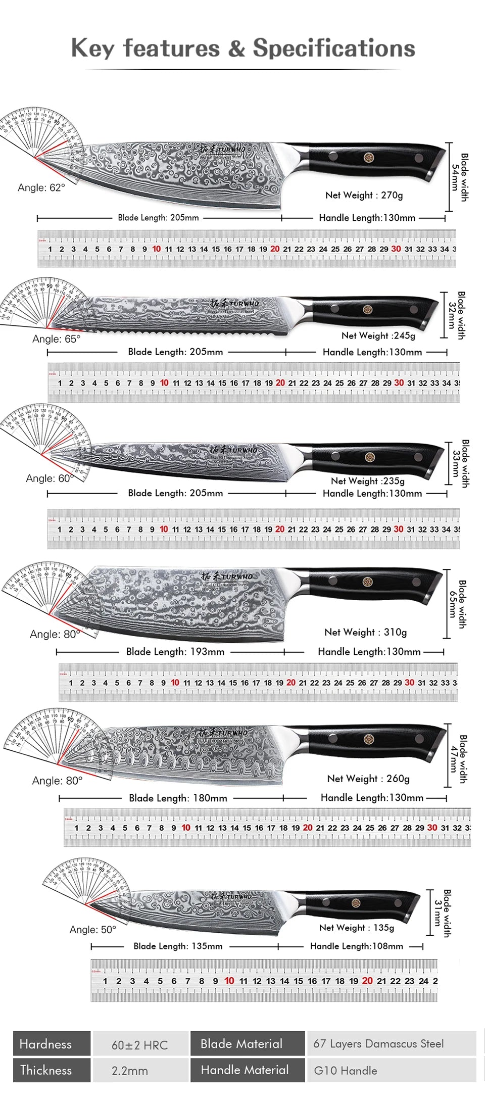 TURWHO 1-6 Piece Knife Set 67 Layers Damascus Steel Kitchen Knives Santoku Chef Knives Utility Bread Slicing Knife Cooking Tools