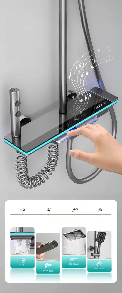 Bathroom Luxury Shower Faucet System with Lights Tempered Glass Shower Set Digital Display Copper Mixer Shower Faucet Set