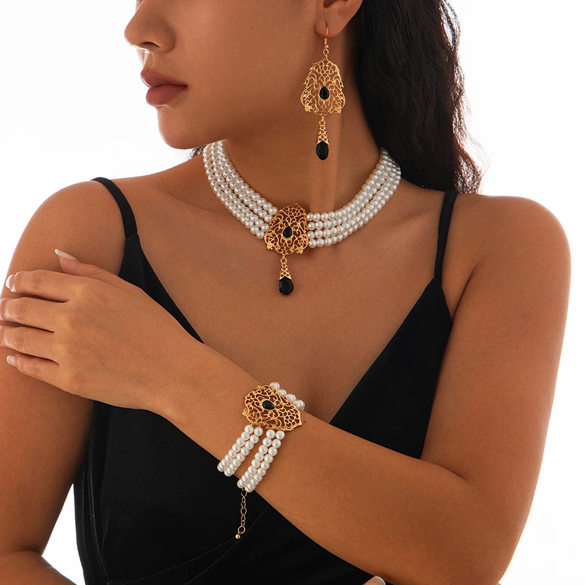 KunJoe Luxus Mehrschichtig Imitation Perlen Halskette Armband Ohrringe Frauen Wassertropfen Grün Strass Choker Hochzeit Schmuck Set