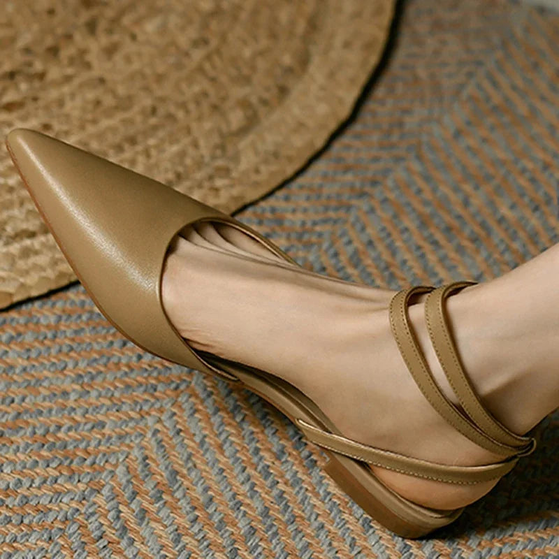 New 2025 Summer Trend Women Sandals Genuine Leather Slingbacks Closed Pointed Toe Apricot Beige Flat Shoes Ankle Strap Ladies