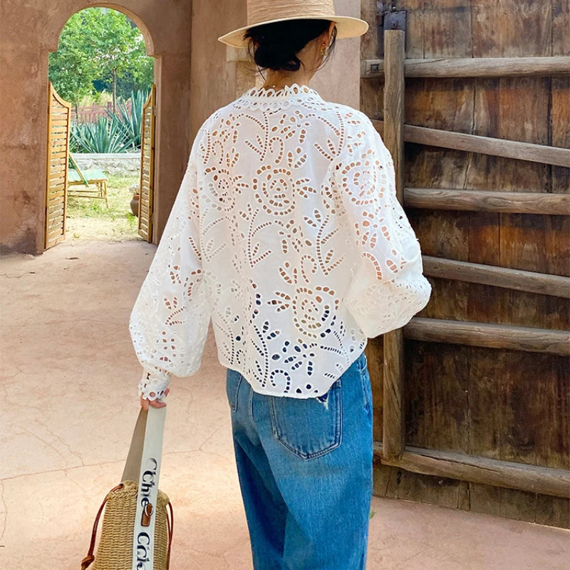 Floral Eyelet Embroidery White Blouse Women's Long Sleeve V-Neck Casual Cotton Shirt 2025 Spring/Summer New in Holiday Clothes