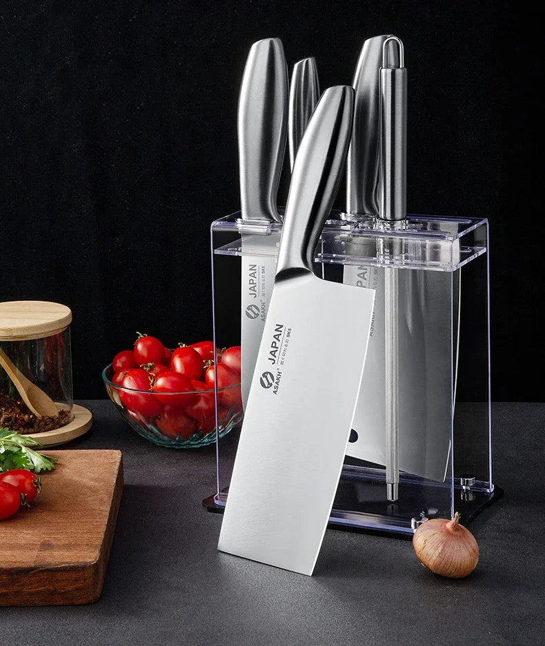 Chef Knife 7-piece Set Stainless Steel Hollow Handle Slice Meat Cleaver Chopping Knife Kitchen Scissors with Sharpening Rod
