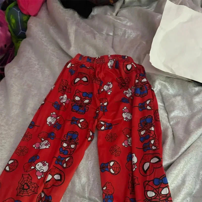 Pyjama 2025: Hello Kitty Spiderman Pajamas Black Kawaii Print - Men Women Universal Couple Fashion Long Comfort Loose Casual Pants Clothing Collection