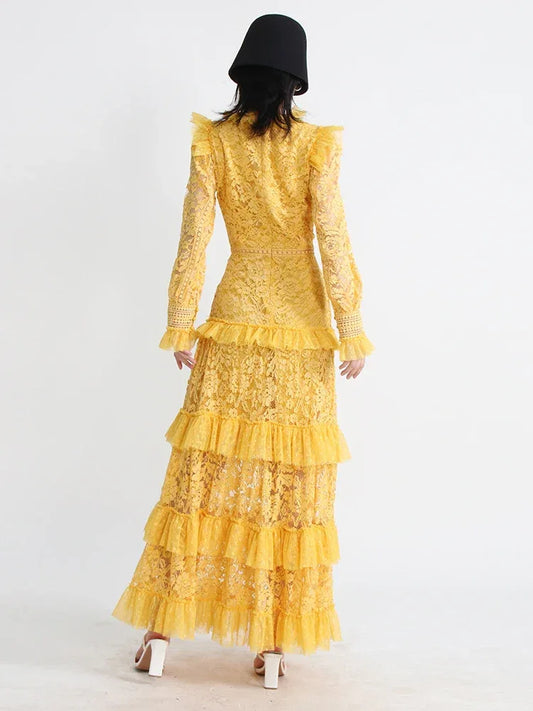 TWOTWINSTYLE Elegant Dresses For Women Stand Collar Long Sleeve High Waist Embroidery Slim Dress Female Fashion Clothing 2023 - Golden Bridge Store