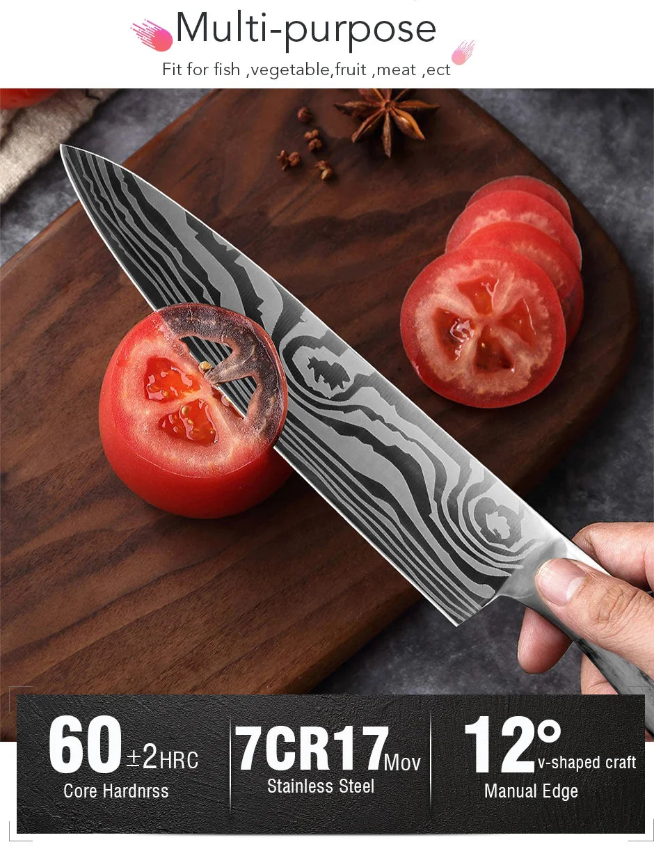 Kitchen Knife Damascus Laser Chef Knife 5 7 8 Inch Meat Cleaver Japanese Santoku Knive Butcher Slicing Cutter for Fish Vegetable