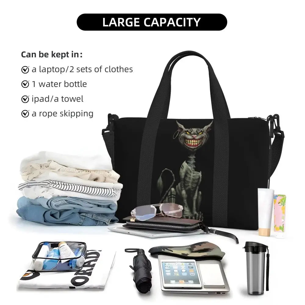 Custom Cheshire Cat Beach Tote Bag for Women We're All Mad Here Cat Big Compartment Gym Beach Travel Bags