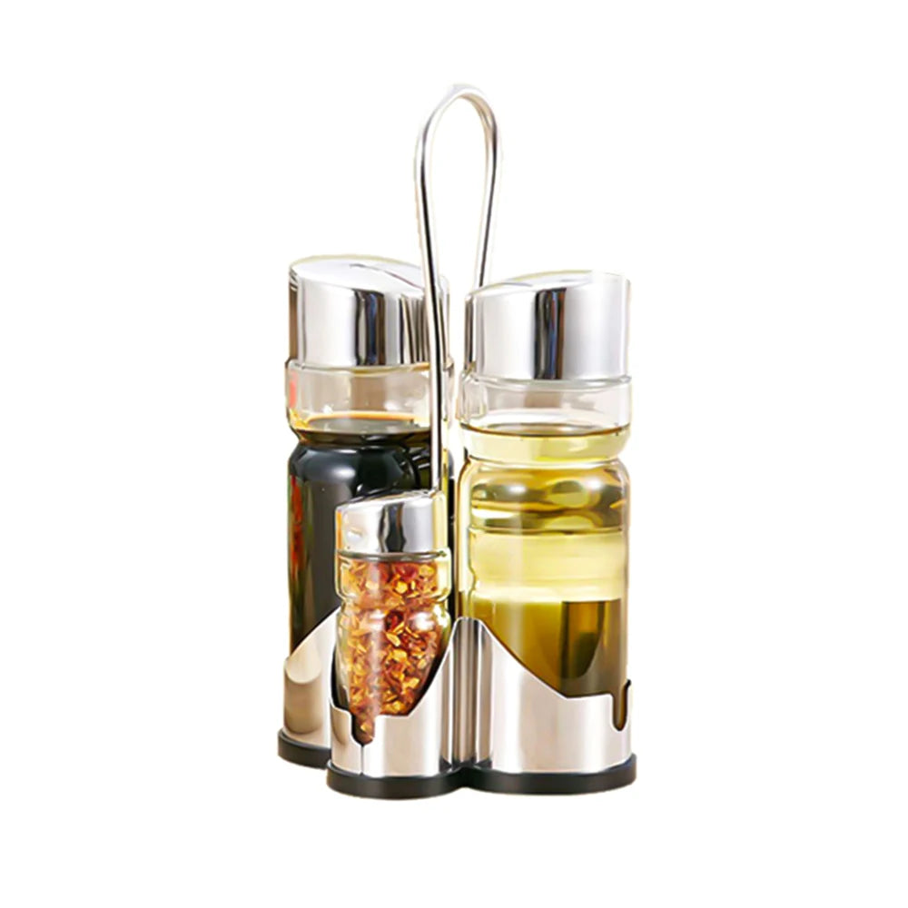 Seasoning Bottle Set Condiment Holder Rack 4 in 1 Oil Vinegar Dispensers Salt Pepper Shakers Glass Cruet Set with Caddy Stand
