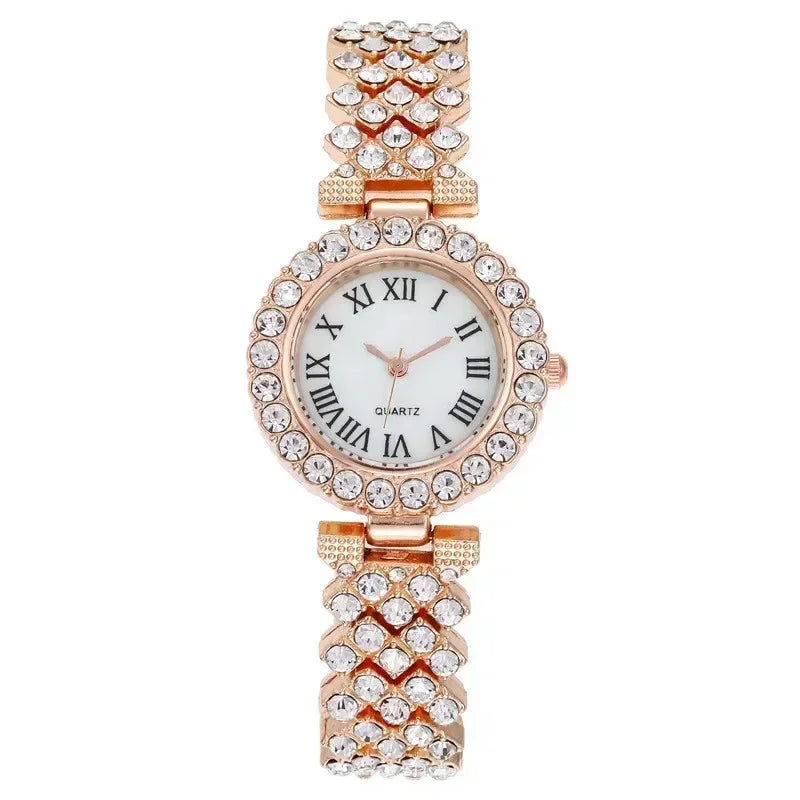 Mode Luxus Vollkristall 5-teiliges Set - Uhr Halskette Ohrringe Ring Set für Damen - Strass Armbanduhr Damen Armband Set Geschenk