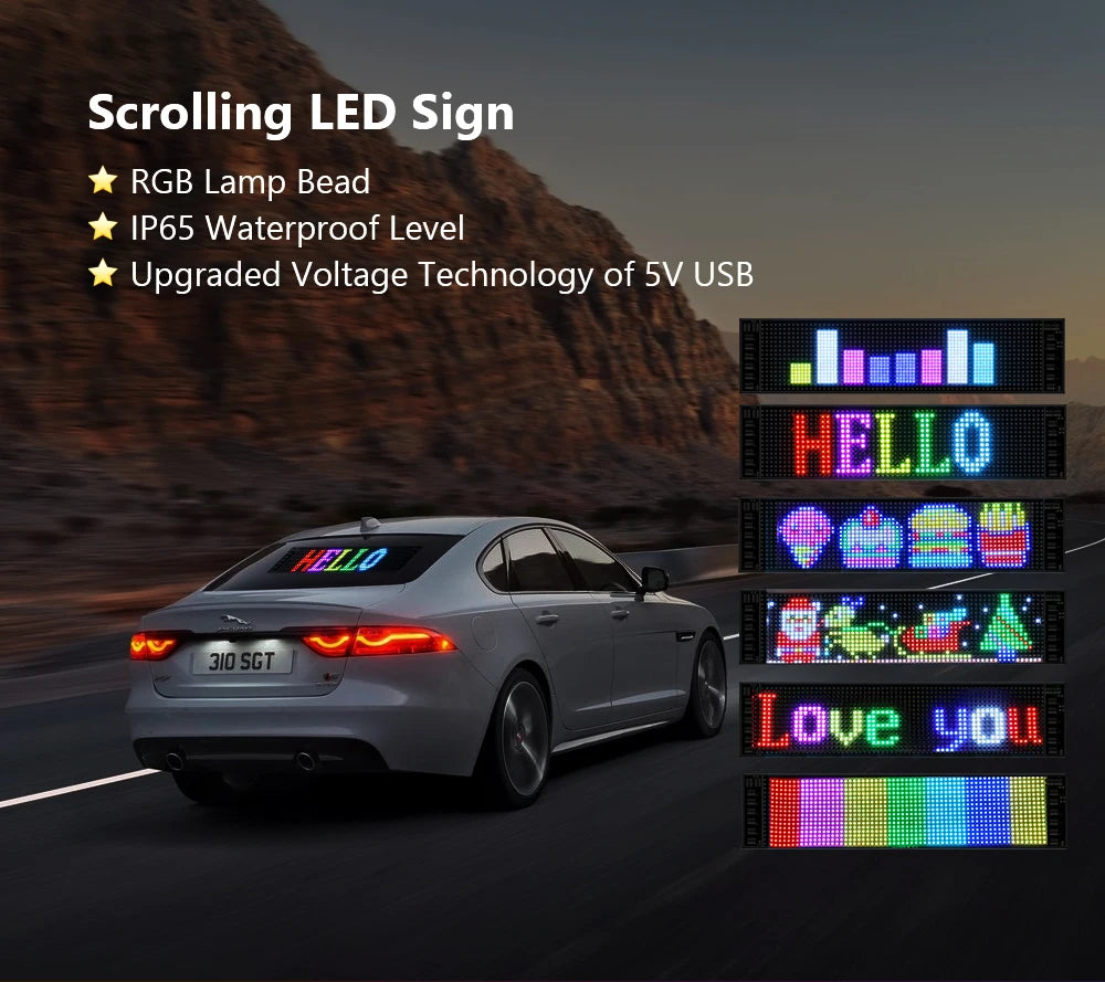 LED-Matrix-Pixel-Panel, Scrollendes Helliges Werbe-LED-Schild, Flexibles USB 5V LED-Auto-Schild Bluetooth-App-Steuerung
