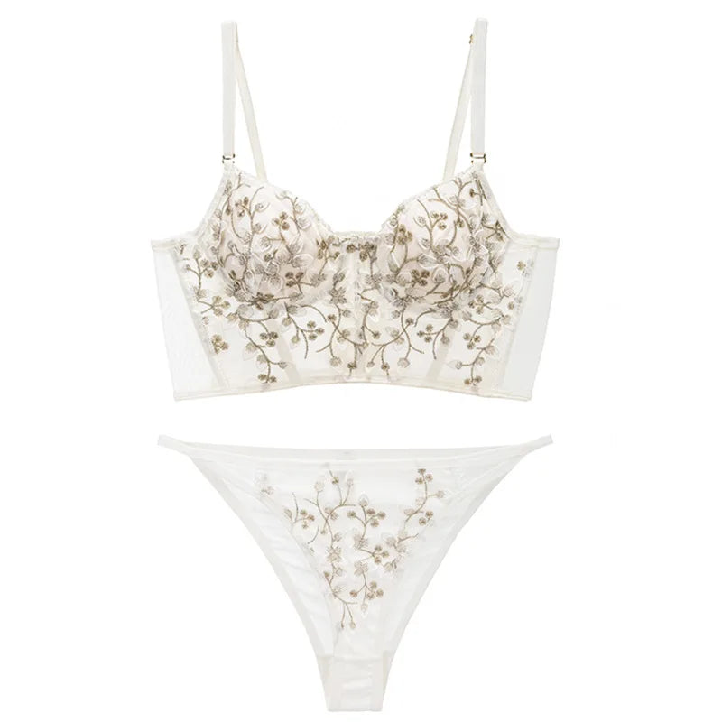 New Embroidery Lace Flowers French Underwear Bralette elegant Body Shaping Push Up Bra Set Romantic White Black Cute Lingerie Thin