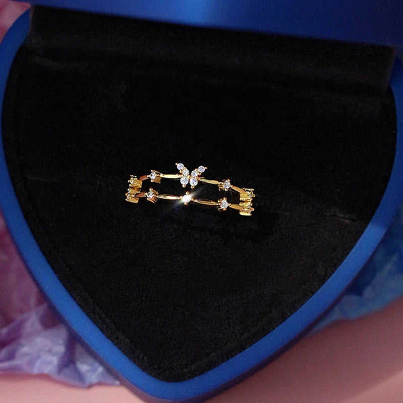 ANENJERY Silver Color Zircon Butterfly Double Layer Adjustable Ring For Women Light Luxury Shiny Accessories Girl Gift