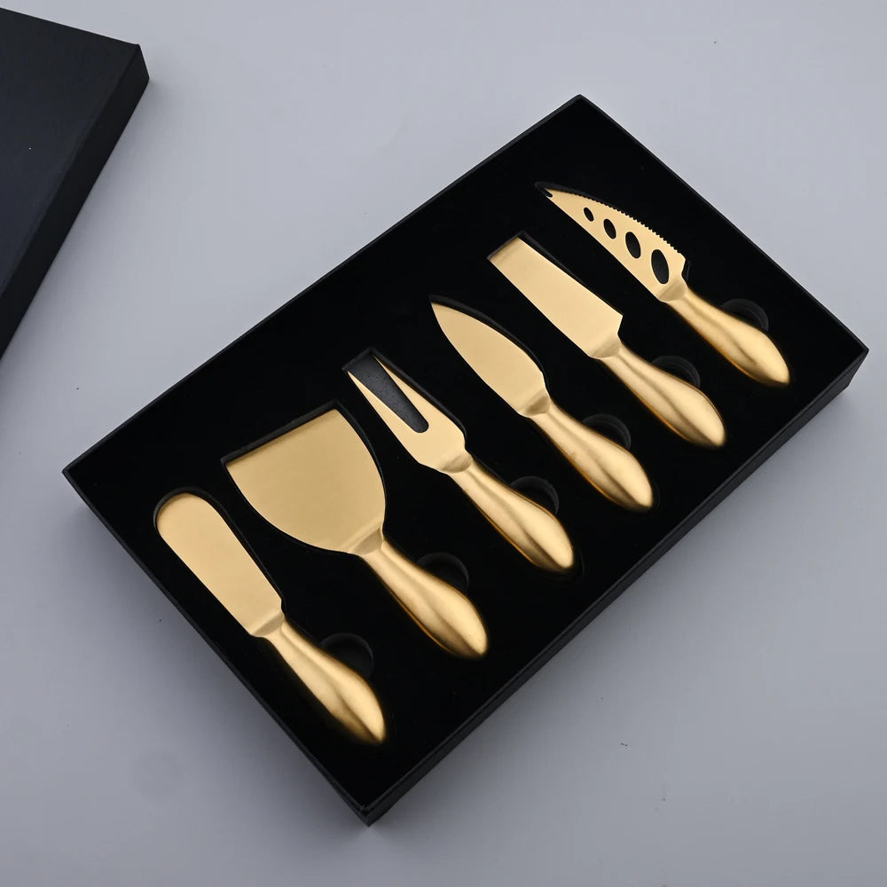 AJOYOUS Cheese Knife Set Cheese Stainless Steel 6Pcs Gold Cheese Slicer Cutter Handle Mini Knife Butter Knife Spatula Fork Matte