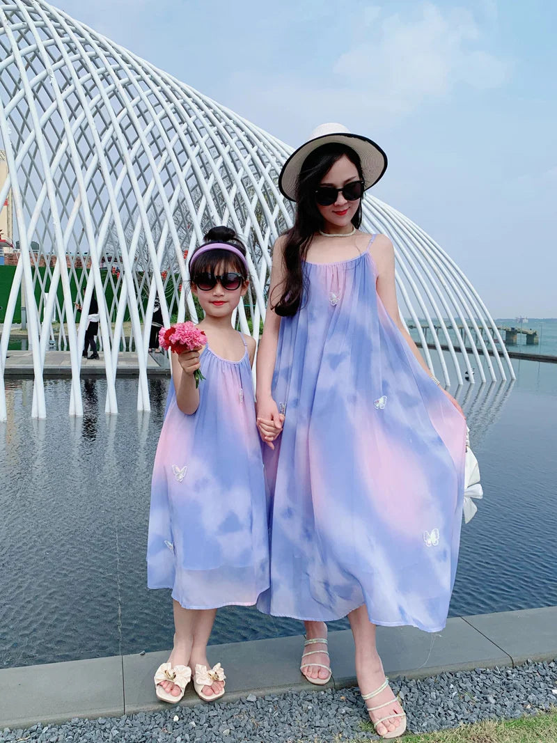 Fashion New Family Matching Outfits Dresses Mother Daughter Clothes Staining Suspender Dress Mom Kids Parent-child Dress Outfits