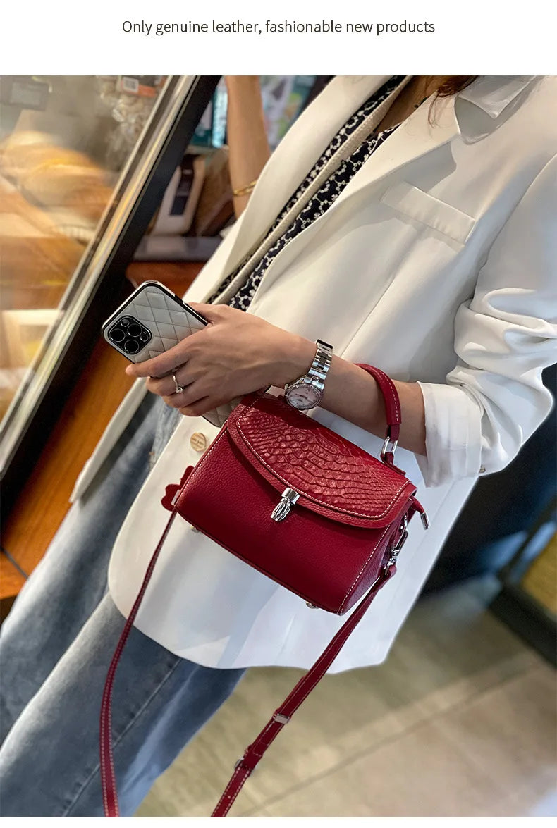 Genuine Leather Women Bag Fashionable Purse for Lady Temperament Crossbody Square Shoulder Bag Cow Leather Versatile Handbag