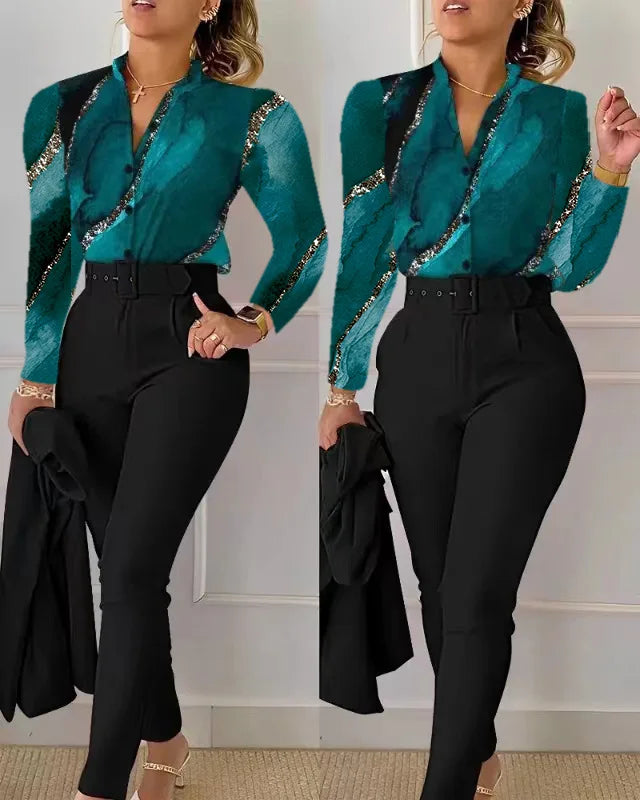 Femei elegante cămașă două piese set costume toamna nouă modă imprimare mânecă lungă top pantaloni negri set cu curea bluze îmbrăcăminte feminină