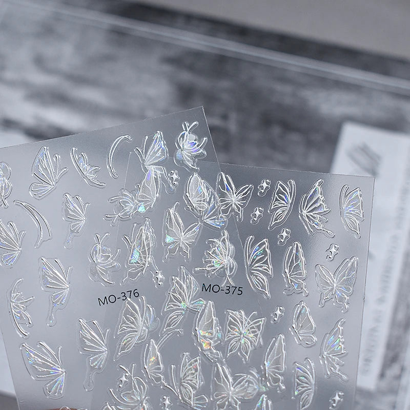 Super Sparkling 3D Butterfly Nail Stickers Auroras Shell Butterfly Elegant Nail Charms Self Adhesive Sliders For Manicure Decals