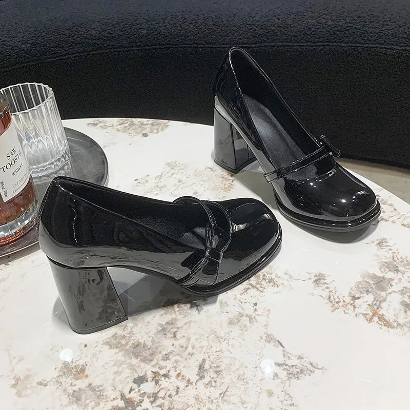 Elegant Heel Shoes Ladies 8cm High Heel Bowknot Solid Mary Jane Zapatos Adult Dress Pink White Black Cosplay Footwear