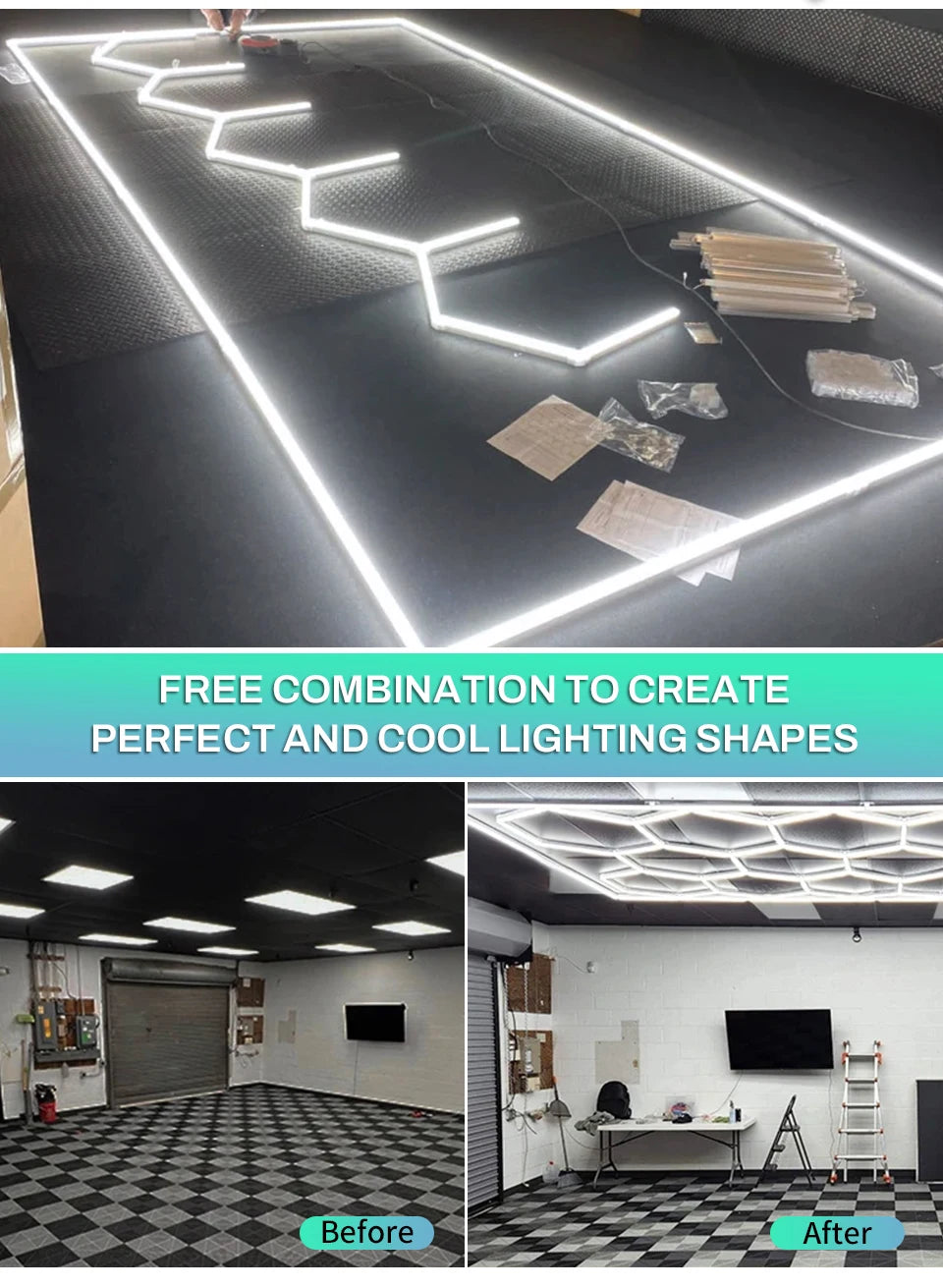 Lampă de tavan hexagonală pentru frizerie, garaj auto, tub LED 6500k, pentru sală de sport, bar, salon de coafură, bibliotecă, atelier, reparații caroserie auto