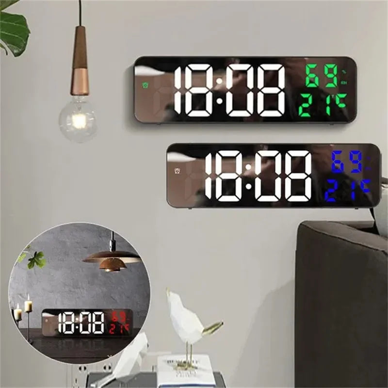 Led Wall Clock Large Screen Digital Mirror Adjustable Brightness Temp Humidity Date Display Alarm Clocks for Home Living Room