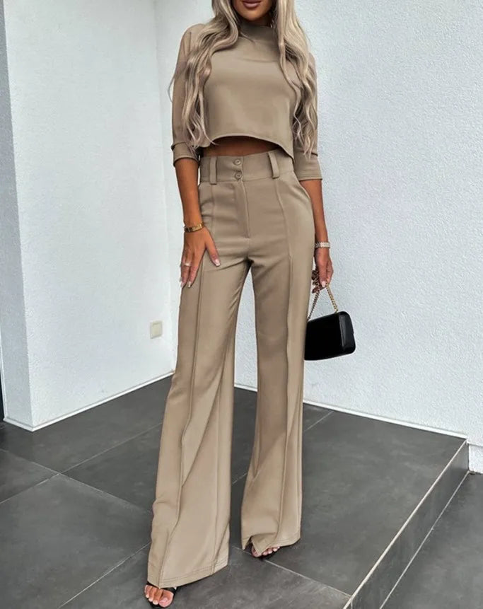Elegant 2 Piece Sets Women Outfit Trend 2024 Autumn Casual Long Sleeve T-shirt Crop Tops And Pant Sets Office Lady Suits