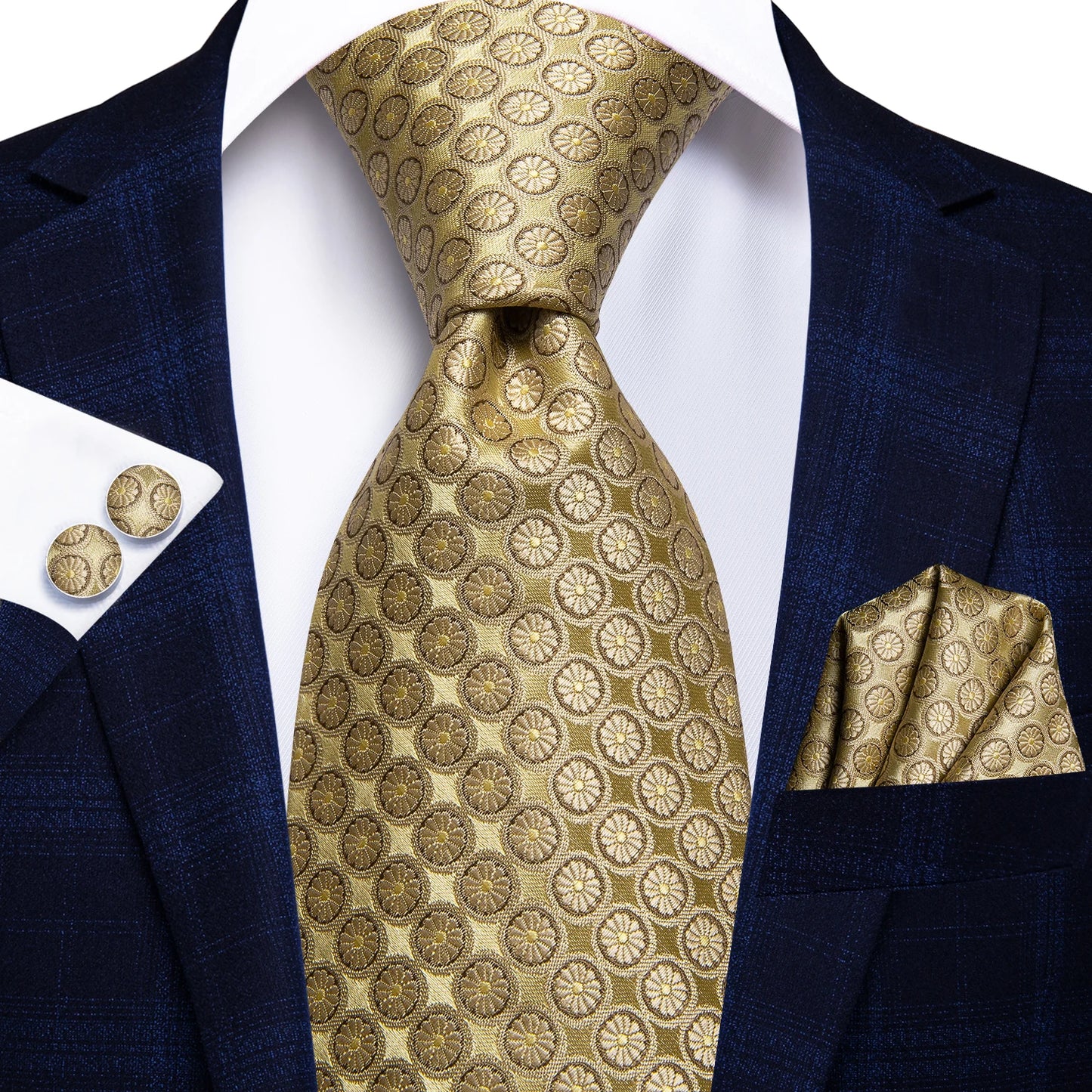 Hi-Tie Seiden-Herren-Krawatten-Set Blumenmuster Gelb Gold Krawatten und Taschentücher Manschettenknöpfe-Set Herren-Hochzeits-Party-Anzug-Mode-Halskrawatte C-3053