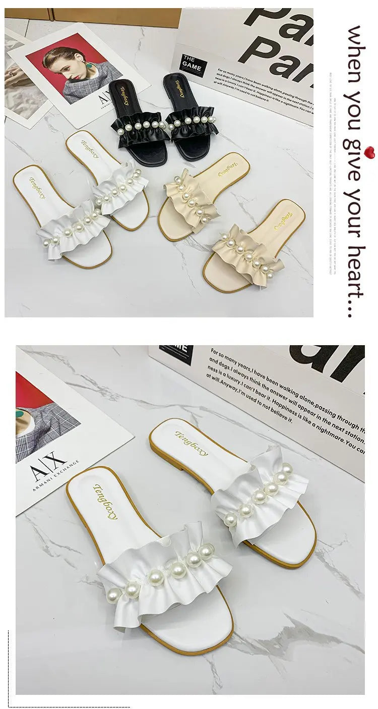 Women Slides Faux Pearl Decor Ruffle Trim Sandals Open Toe Wear-resistant Flat Slippers Summer Sandy Beach Sandals Women Shoes