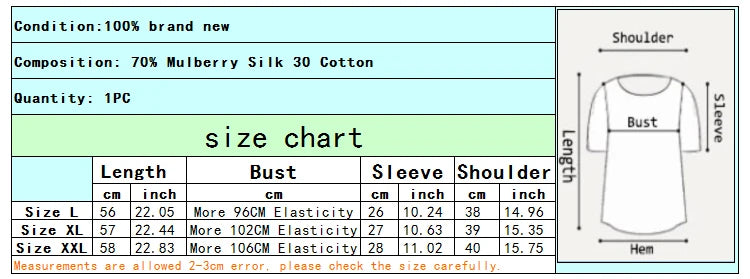 Women Knit T-Shirt 70% Mulberrry Silk 30% Cotton Round Neck Stripes Short Sleeve Sweater Pullover Top Shirt L XL XXL LY040