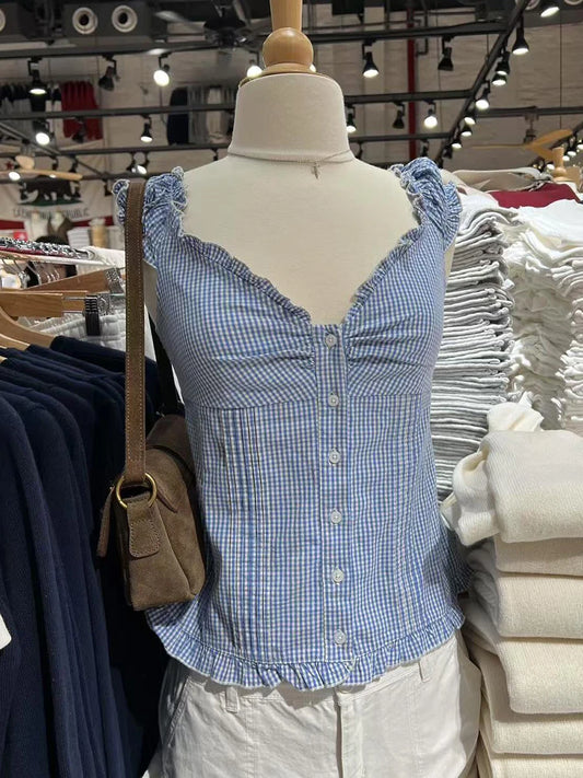 Blue Plaid Ruffles T-shirt Women Summer Folds V-neck Single Breasted Short Sleeve Tee Shirts Sweet Girls Cotton Slim Crop Top