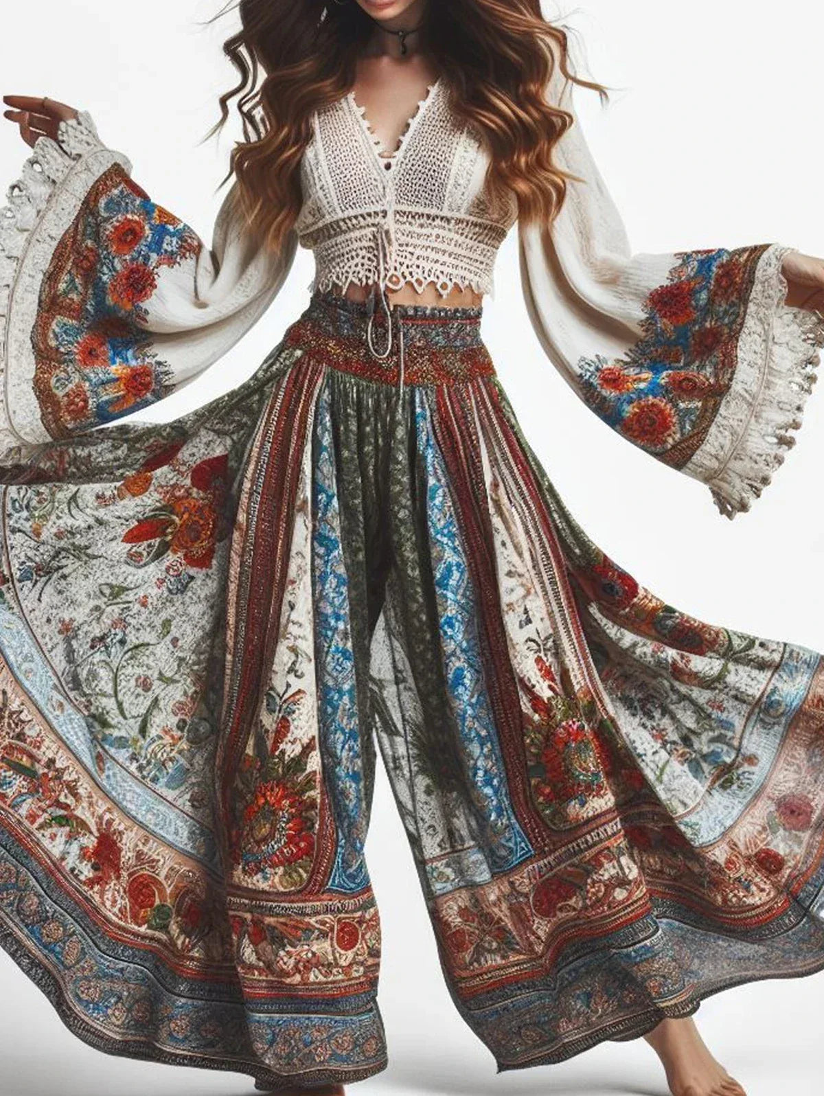 Elegant Women's Trousers Bohemian Style Classic Retro Floral Pattern Print Elastic Waist High Waist Women's Wide Leg Pants - Golden Bridge Store