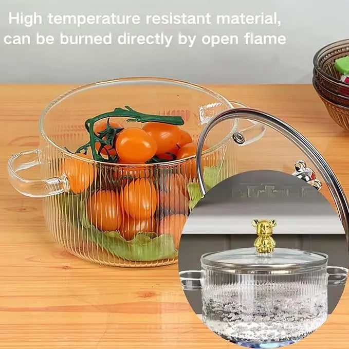 HighBorosilicateGlass Thickened PotHouseholdConvenient Bear Soup Pot with Lid Double Ear Soup Glass Pot Instant Noodles Milk Pot