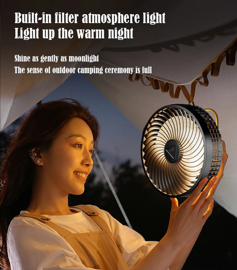 12000mAh Tripod Camping Fan Rechargeable Desktop Portable Circulator Wireless Ceiling Electric Fan with Power Bank LED Lighting