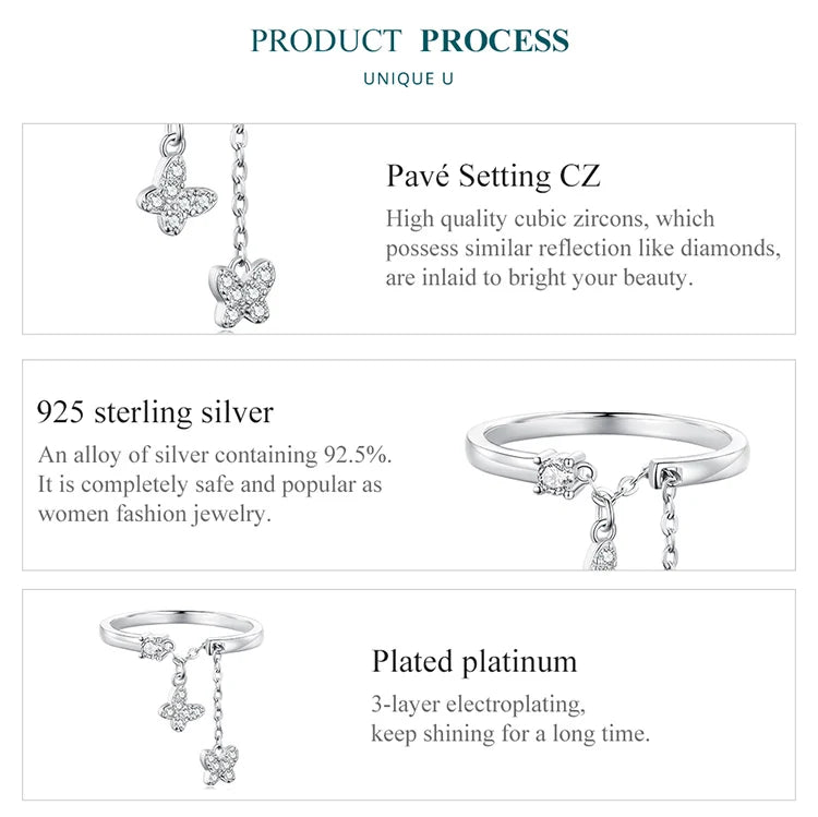 WOSTU 925 Sterling Silver Butterfly Link Open Rings pentru femei delicat strălucitor zircon reglabil inel Fine Party bijuterii cadou