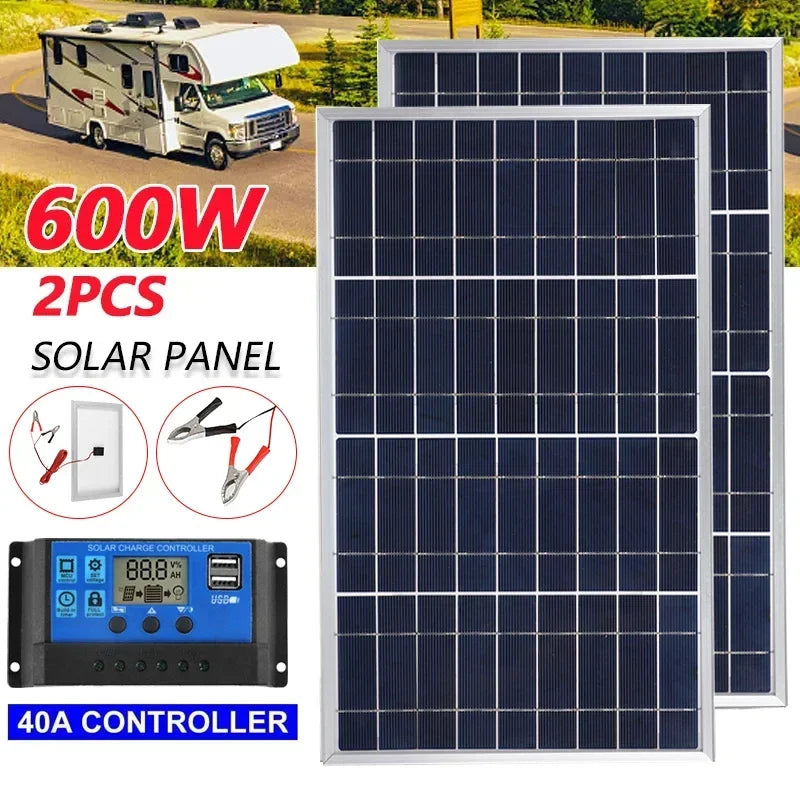 Kit complet de panouri solare 300W/600W, generator solar portabil reîncărcabil cu celule solare policristaline de 12V, cu alimentare USB